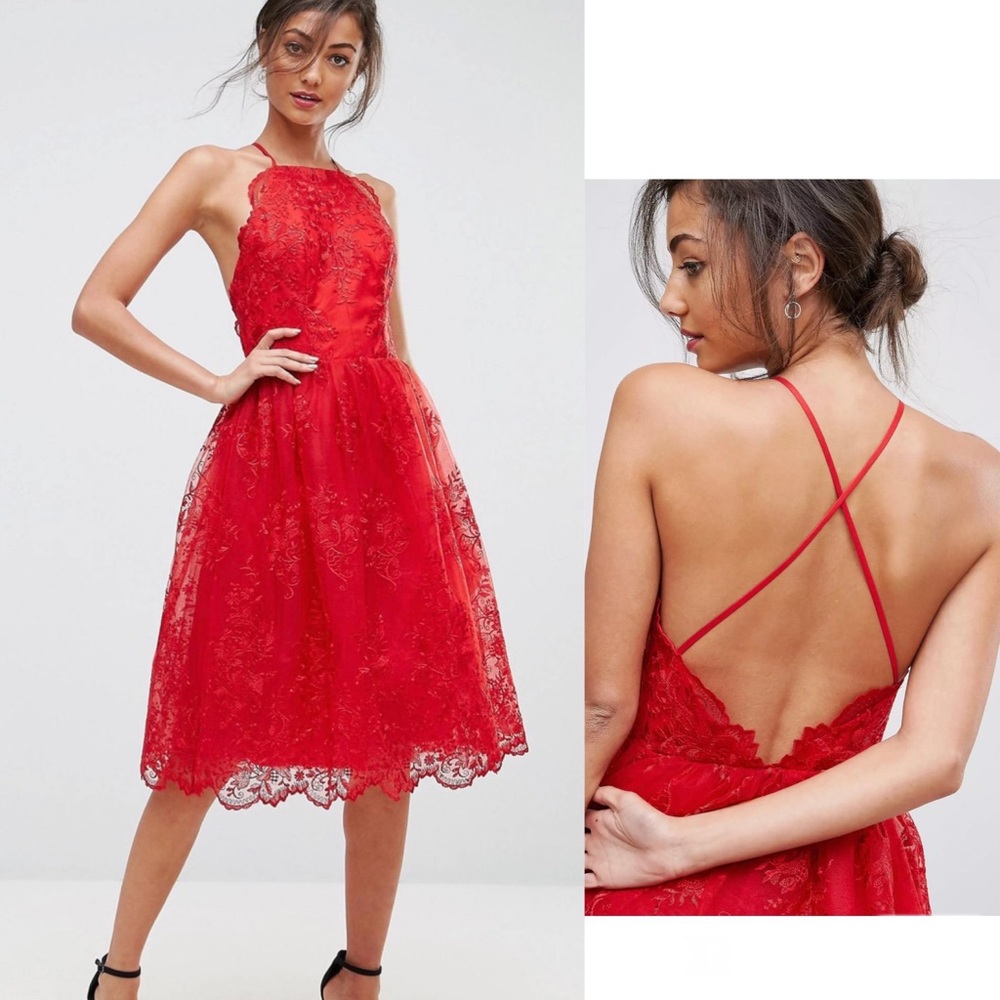 Chi Chi London Tall High Neck
Scalloped Lace Red Dress Size UK 12